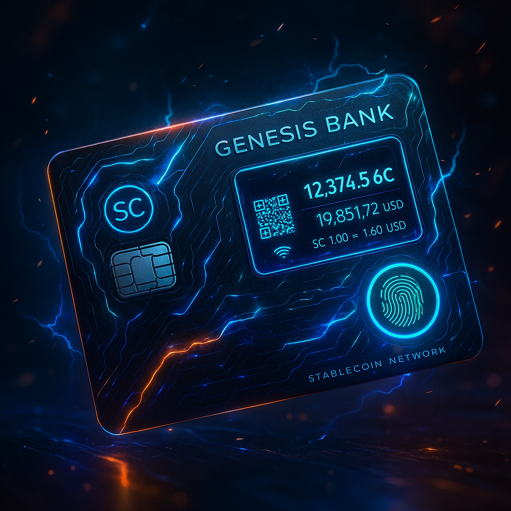 Genesis Bank futuristic stablecoin credit card with fingerprint security and integrated digital display